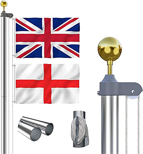 Thanaddo 20 FT Sectional Flag Pole Kit Extra Thick Aluminum Flagpole with 2 Flag, 2 Rope and Golden Ball Heavy Duty Outdoor In Grand Flag Pole for Residential, Yard and Commercial Use, Silver